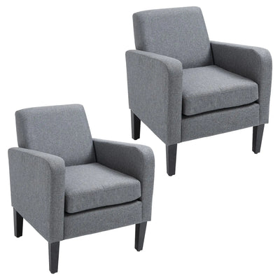 HOMCOM 2 Pieces Modern Armchairs with Rubber Wood Legs, Upholstered Accent Chairs, Single Sofa for Living Room, Bedroom, Grey 