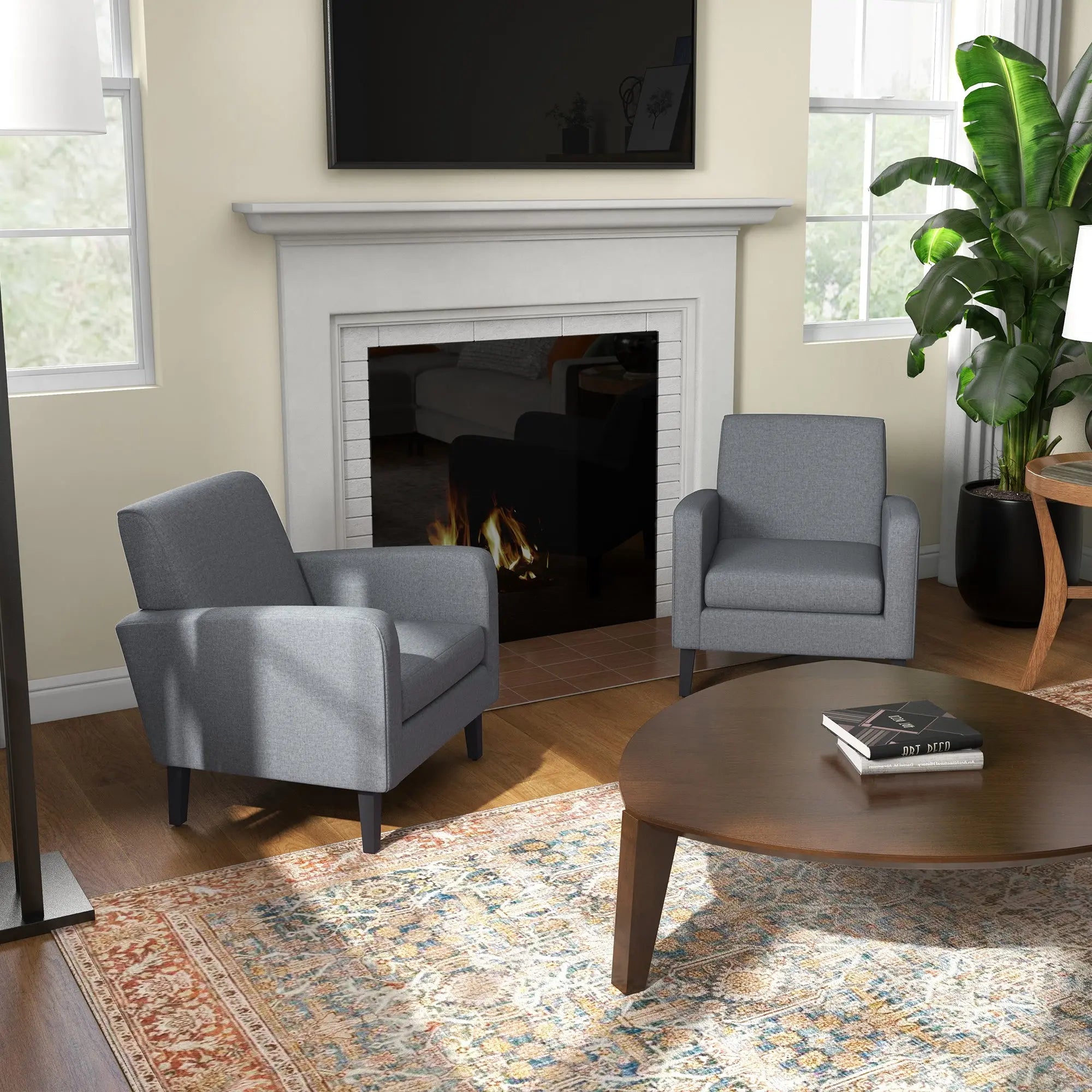 HOMCOM 2 Pieces Modern Armchairs with Rubber Wood Legs, Upholstered Accent Chairs, Single Sofa for Living Room, Bedroom, Grey 