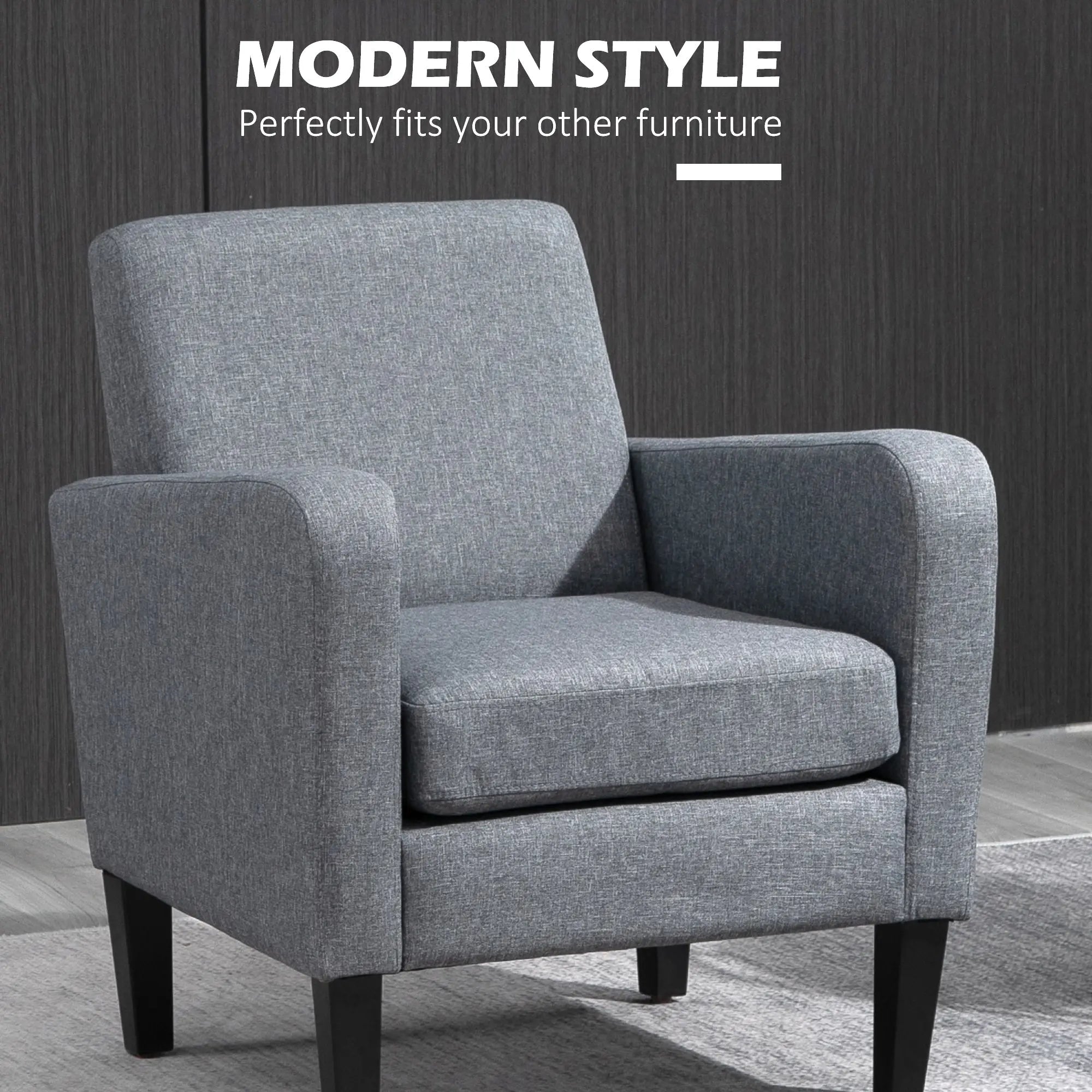 HOMCOM 2 Pieces Modern Armchairs with Rubber Wood Legs, Upholstered Accent Chairs, Single Sofa for Living Room, Bedroom, Grey 