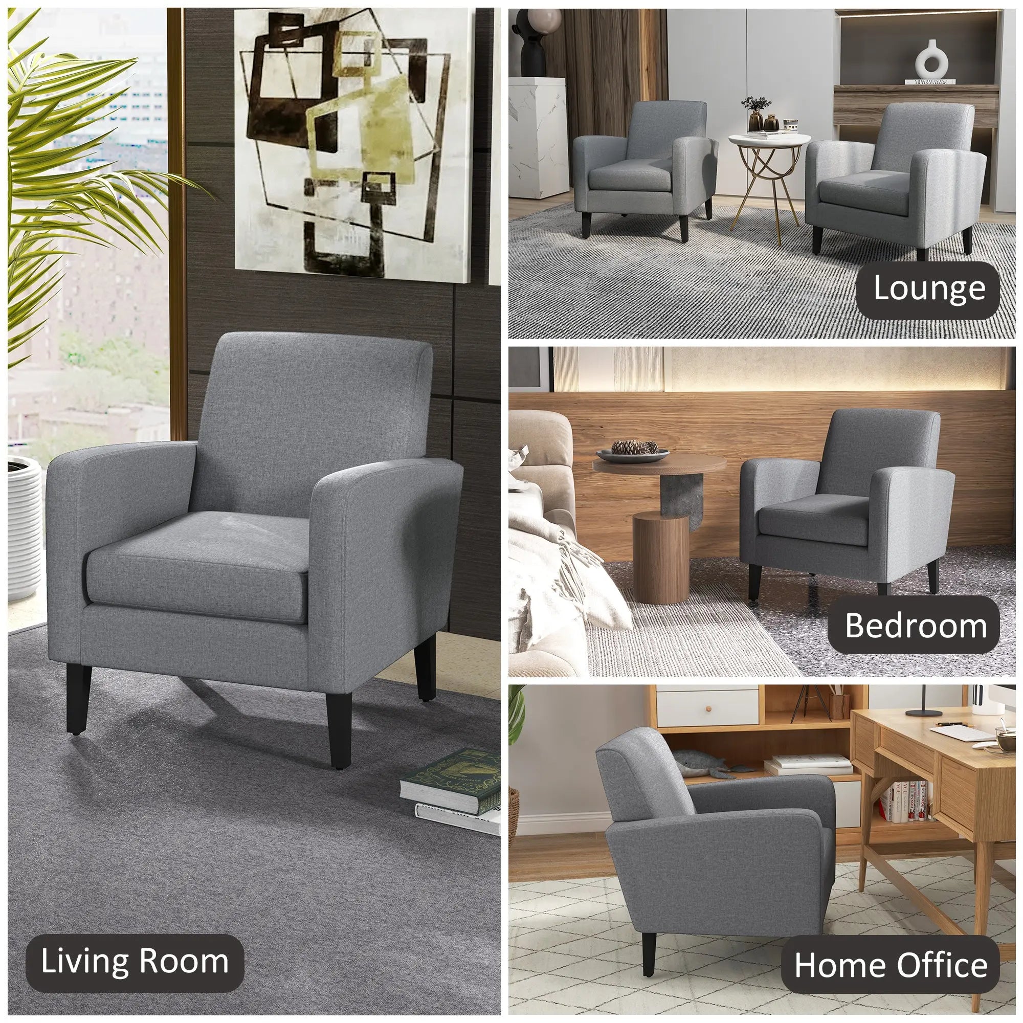 HOMCOM 2 Pieces Modern Armchairs with Rubber Wood Legs, Upholstered Accent Chairs, Single Sofa for Living Room, Bedroom, Grey 