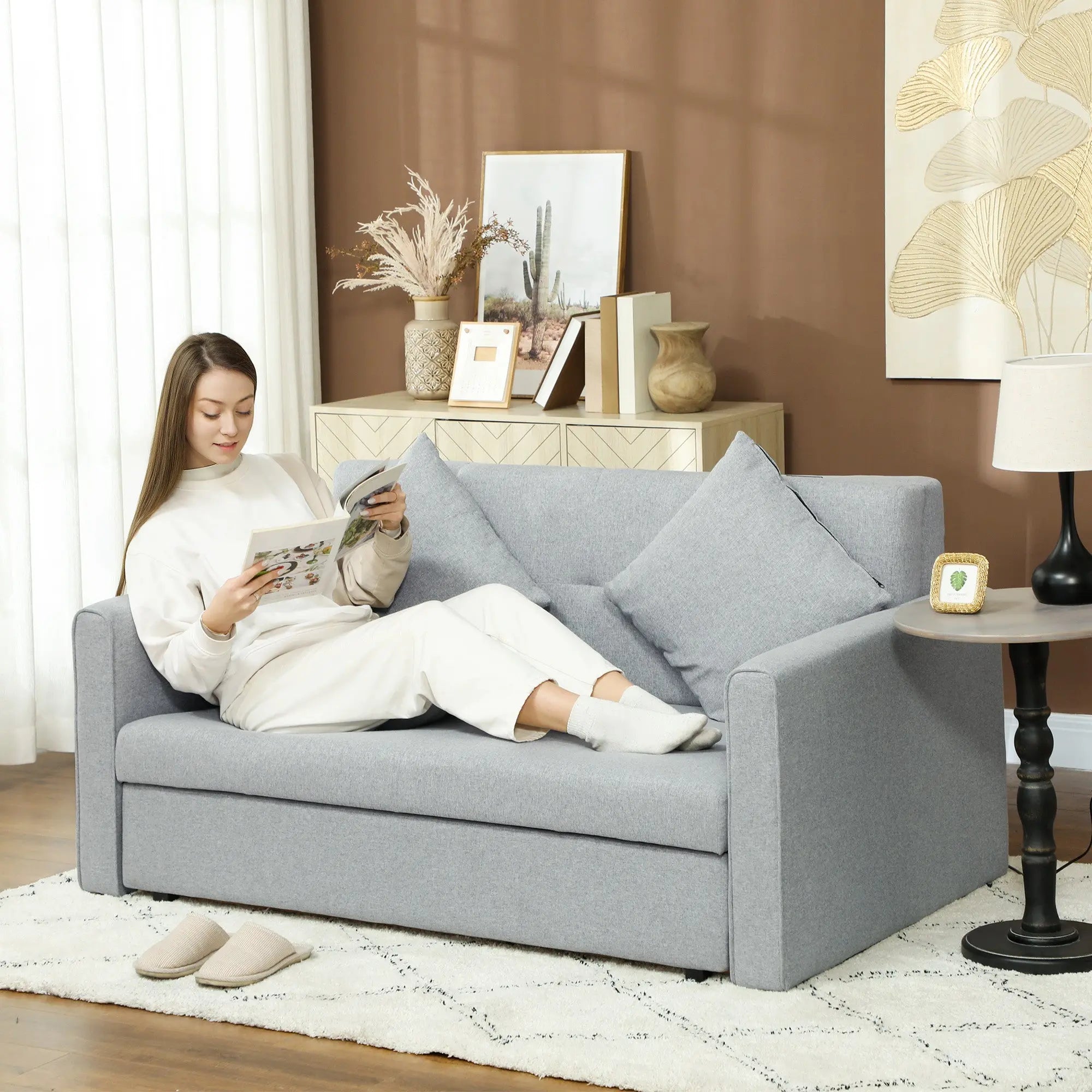 HOMCOM 2 Seater Sofa Bed, Convertible Bed Settee, Modern Fabric Loveseat Sofa Couch with 2 Cushions, Hidden Storage for Living Room, Guest Room, Light Grey 