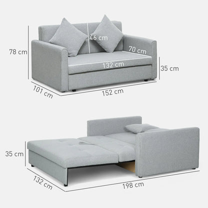 HOMCOM 2 Seater Sofa Bed, Convertible Bed Settee, Modern Fabric Loveseat Sofa Couch with 2 Cushions, Hidden Storage for Living Room, Guest Room, Light Grey 
