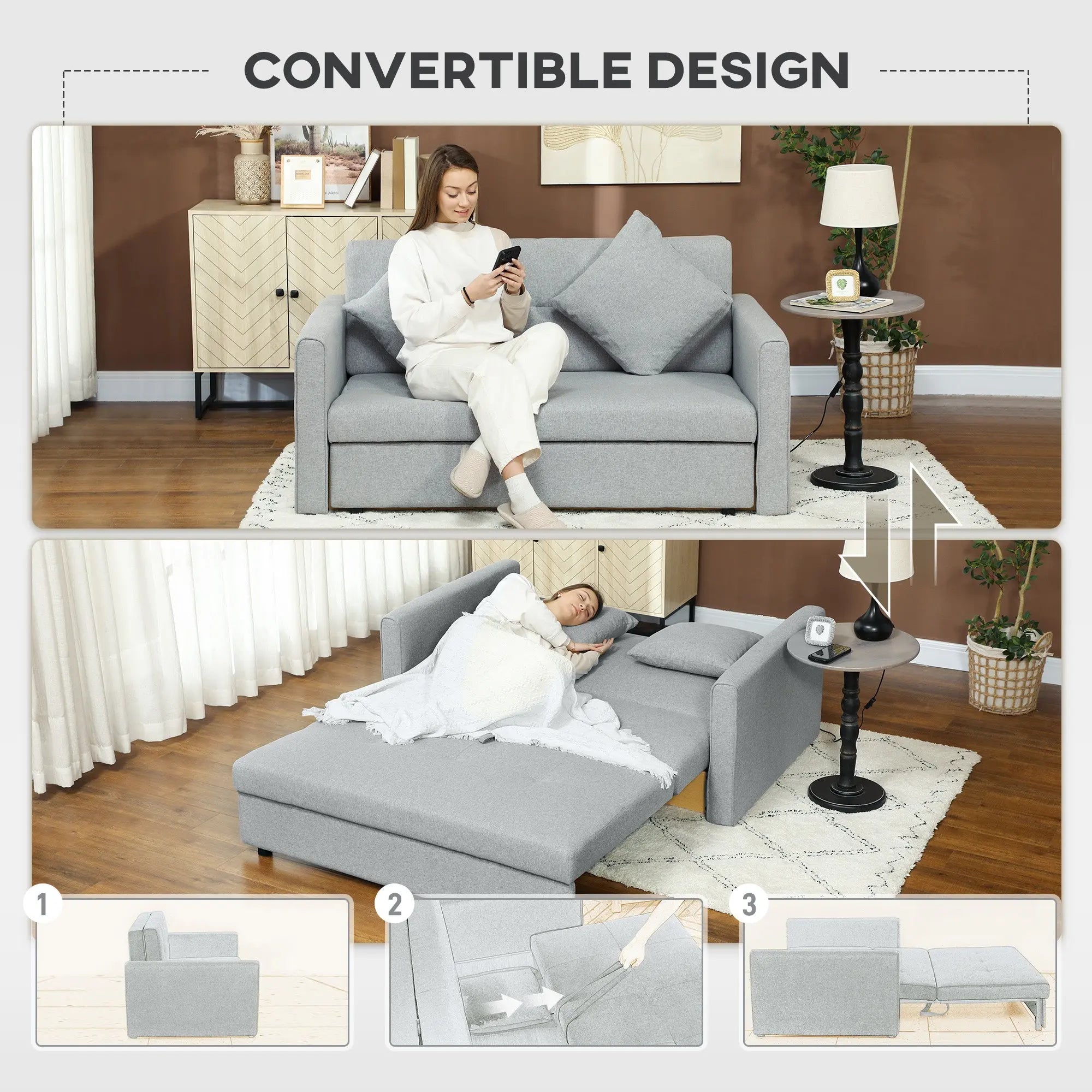 HOMCOM 2 Seater Sofa Bed, Convertible Bed Settee, Modern Fabric Loveseat Sofa Couch with 2 Cushions, Hidden Storage for Living Room, Guest Room, Light Grey 