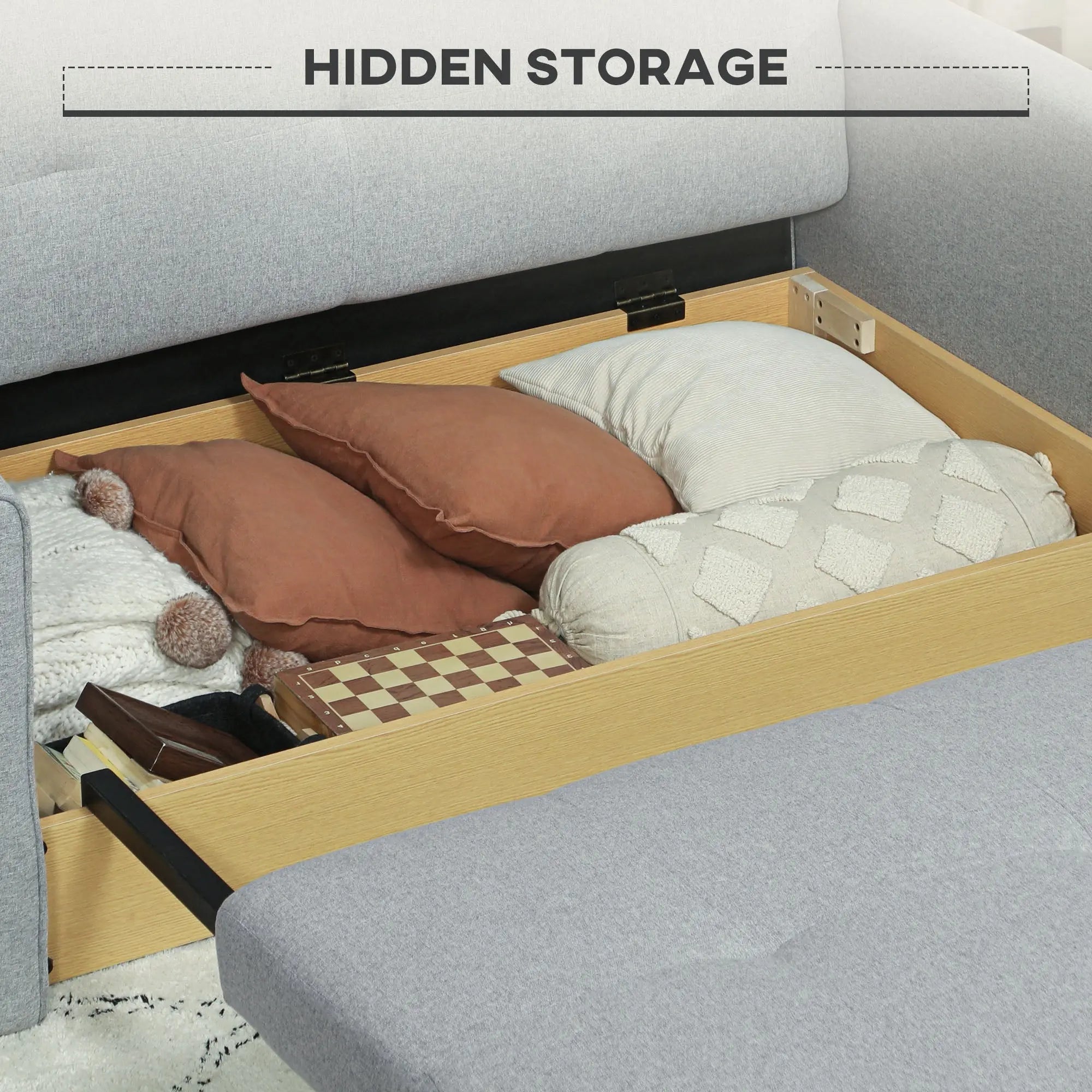 HOMCOM 2 Seater Sofa Bed, Convertible Bed Settee, Modern Fabric Loveseat Sofa Couch with 2 Cushions, Hidden Storage for Living Room, Guest Room, Light Grey 