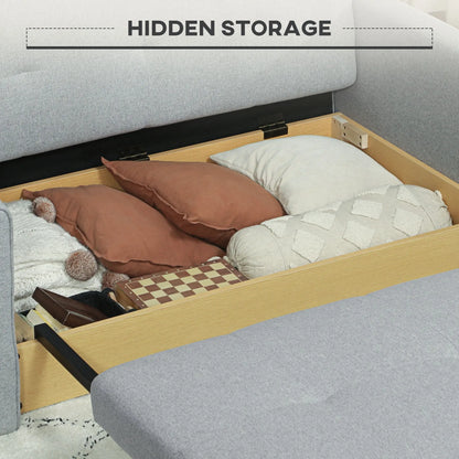 HOMCOM 2 Seater Sofa Bed, Convertible Bed Settee, Modern Fabric Loveseat Sofa Couch with 2 Cushions, Hidden Storage for Living Room, Guest Room, Light Grey 