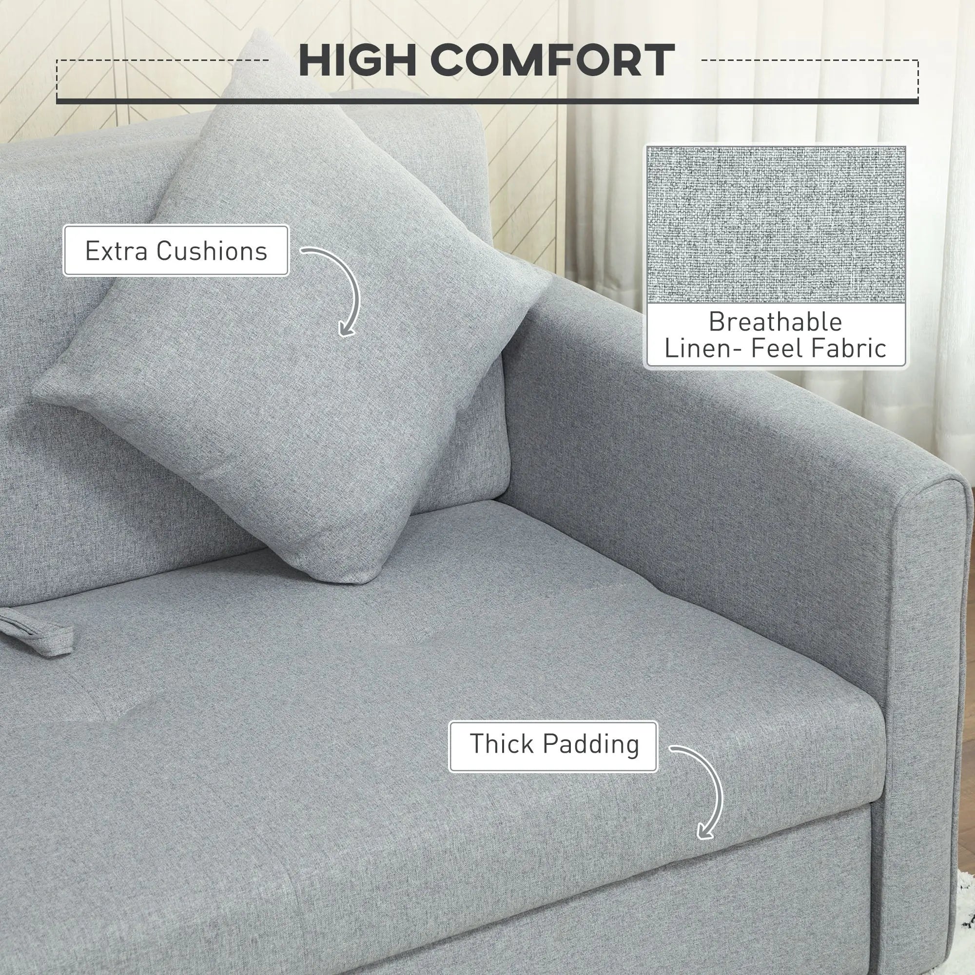 HOMCOM 2 Seater Sofa Bed, Convertible Bed Settee, Modern Fabric Loveseat Sofa Couch with 2 Cushions, Hidden Storage for Living Room, Guest Room, Light Grey 