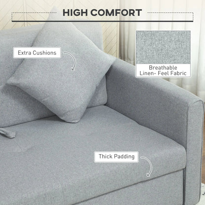 HOMCOM 2 Seater Sofa Bed, Convertible Bed Settee, Modern Fabric Loveseat Sofa Couch with 2 Cushions, Hidden Storage for Living Room, Guest Room, Light Grey 