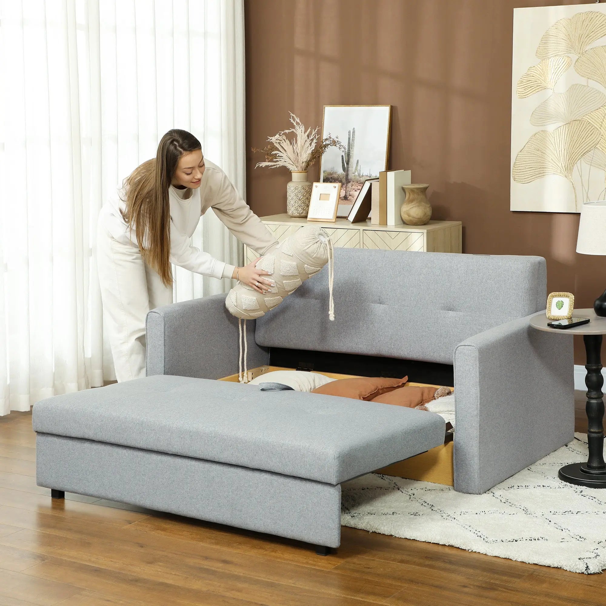 HOMCOM 2 Seater Sofa Bed, Convertible Bed Settee, Modern Fabric Loveseat Sofa Couch with 2 Cushions, Hidden Storage for Living Room, Guest Room, Light Grey 