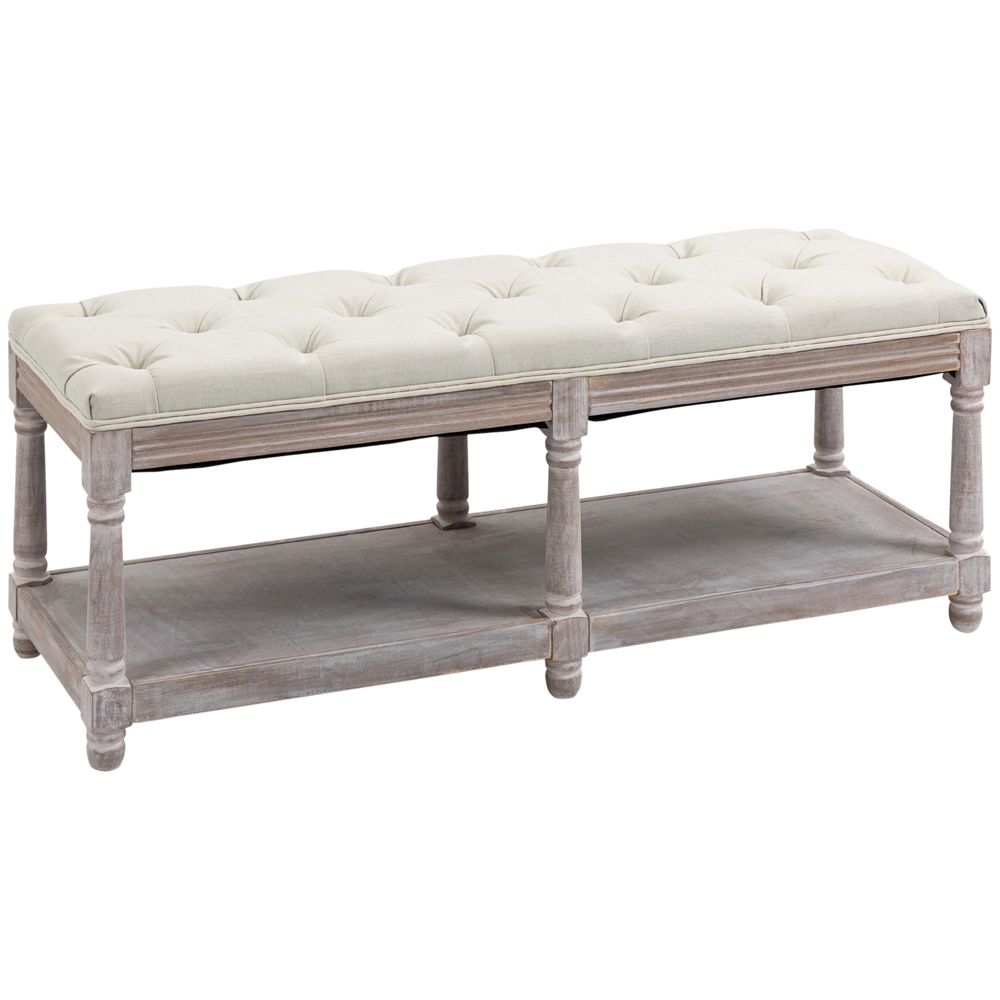 HOMCOM 2-Tier Bed End Bench, Vintage Stool, Wooden Window Seat with Storage Shelf, Button Tufted Upholstered Footstool for Living Room, Bedroom, Entryway, Cream White 