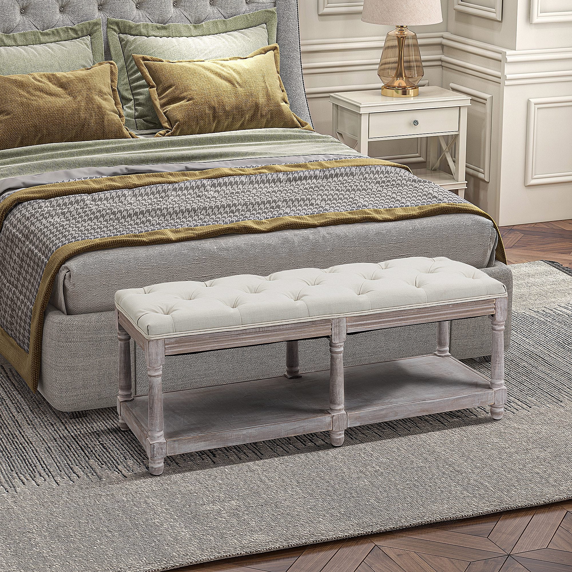 HOMCOM 2-Tier Bed End Bench, Vintage Stool, Wooden Window Seat with Storage Shelf, Button Tufted Upholstered Footstool for Living Room, Bedroom, Entryway, Cream White 