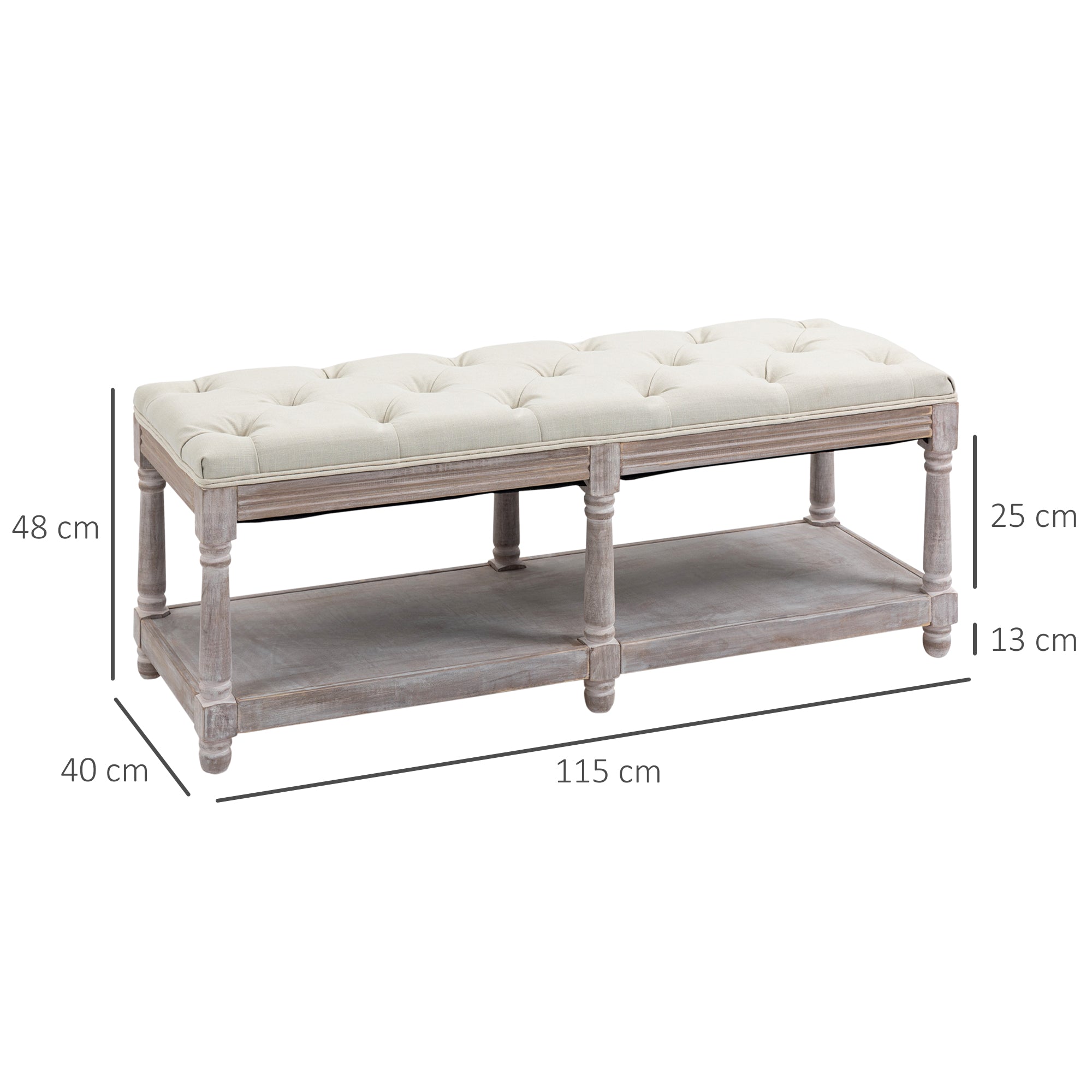 HOMCOM 2-Tier Bed End Bench, Vintage Stool, Wooden Window Seat with Storage Shelf, Button Tufted Upholstered Footstool for Living Room, Bedroom, Entryway, Cream White 