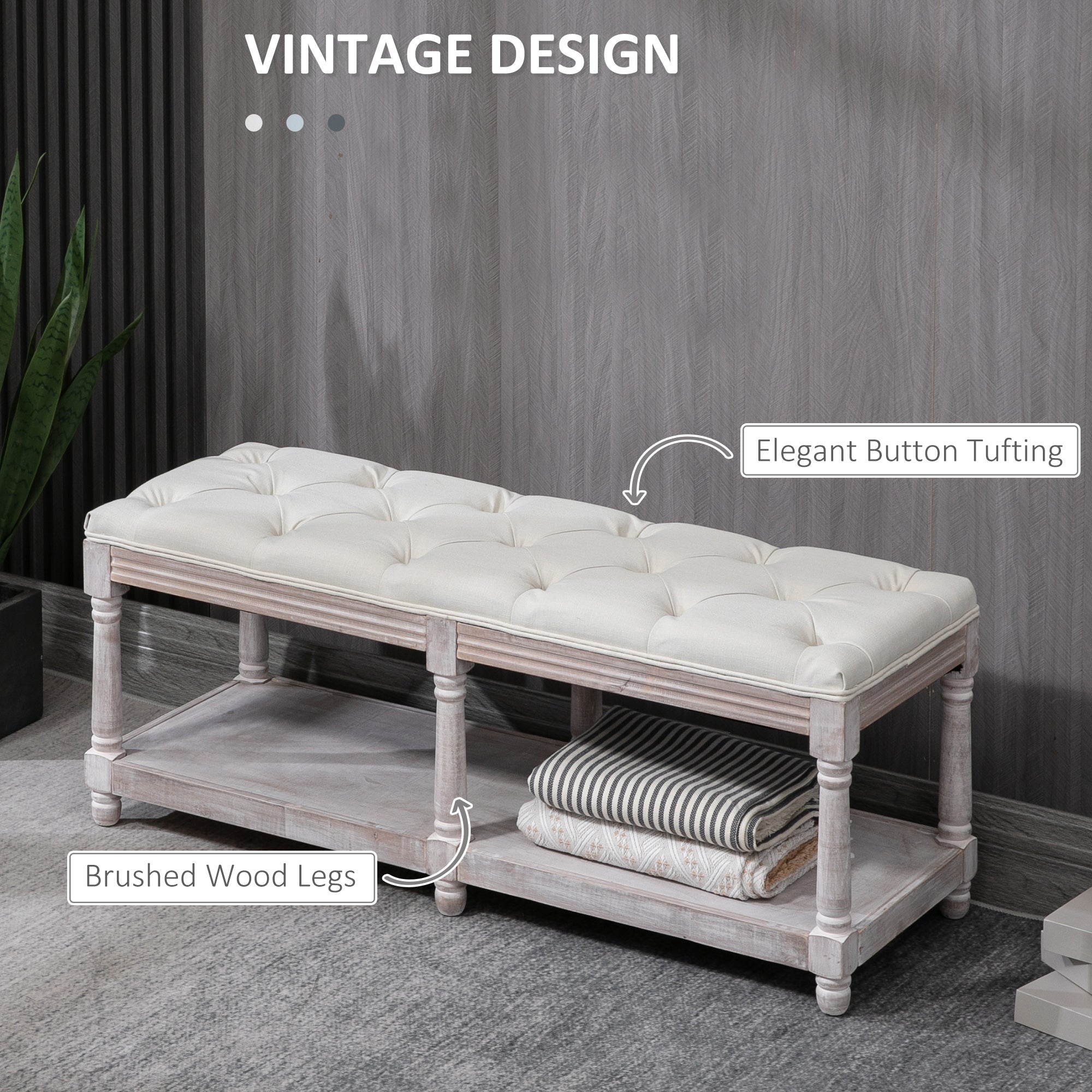 HOMCOM 2-Tier Bed End Bench, Vintage Stool, Wooden Window Seat with Storage Shelf, Button Tufted Upholstered Footstool for Living Room, Bedroom, Entryway, Cream White 