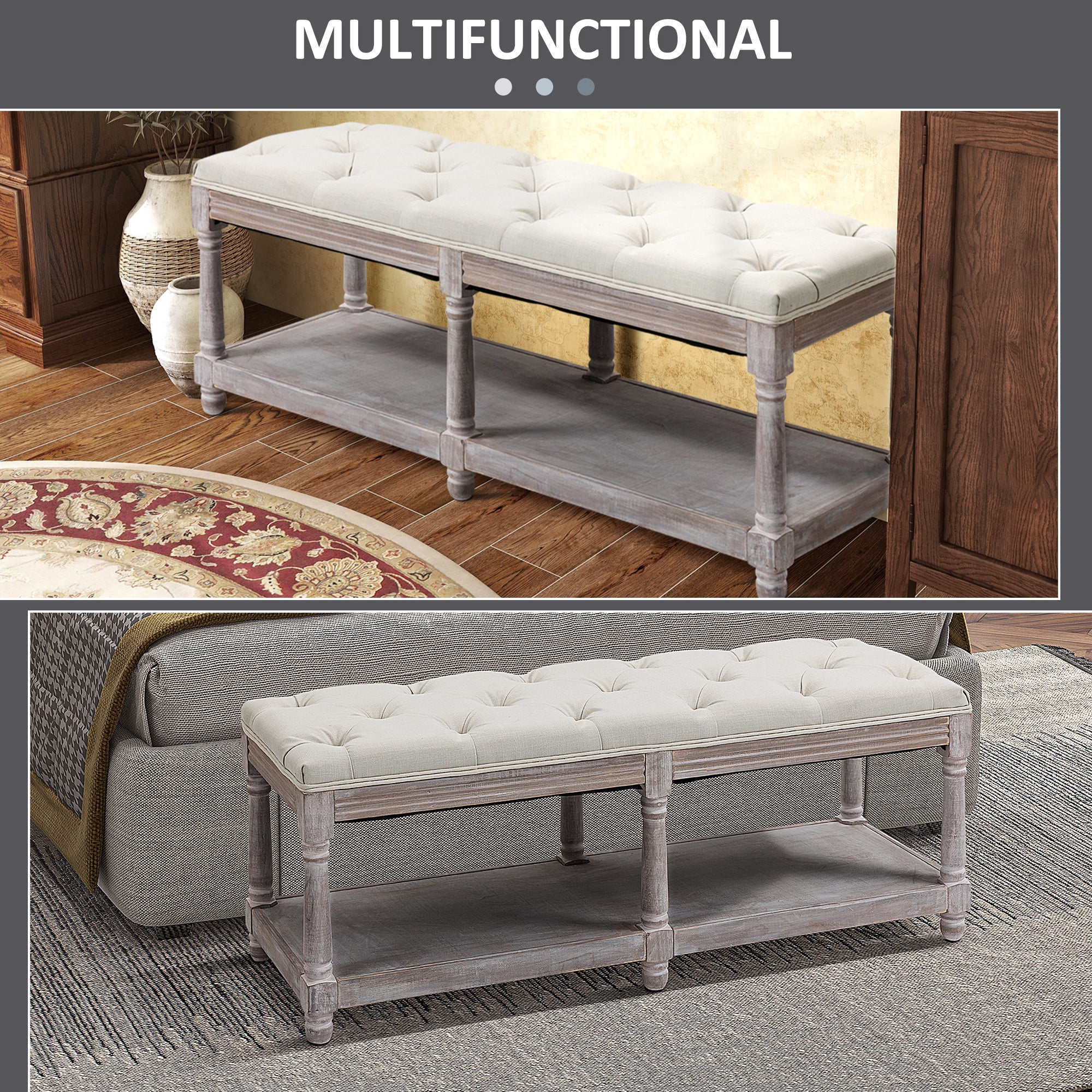 HOMCOM 2-Tier Bed End Bench, Vintage Stool, Wooden Window Seat with Storage Shelf, Button Tufted Upholstered Footstool for Living Room, Bedroom, Entryway, Cream White 