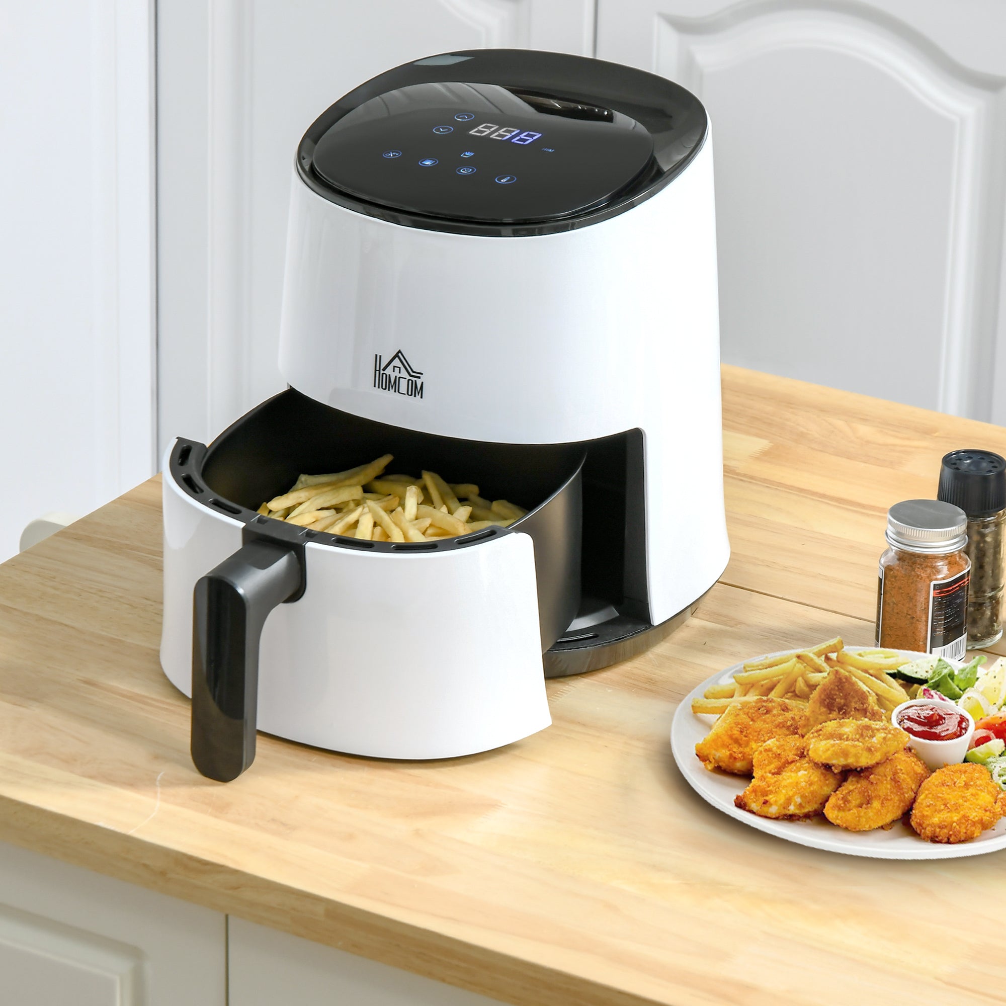 HOMCOM 2.5L Air Fryer, 1300W Air Fryer Oven with Digital  Touch Display, Rapid Air Circulation, Adjustable Temperature, Timer and Dishwasher Safe Basket for Oil Less or Low Fat Cooking, White 