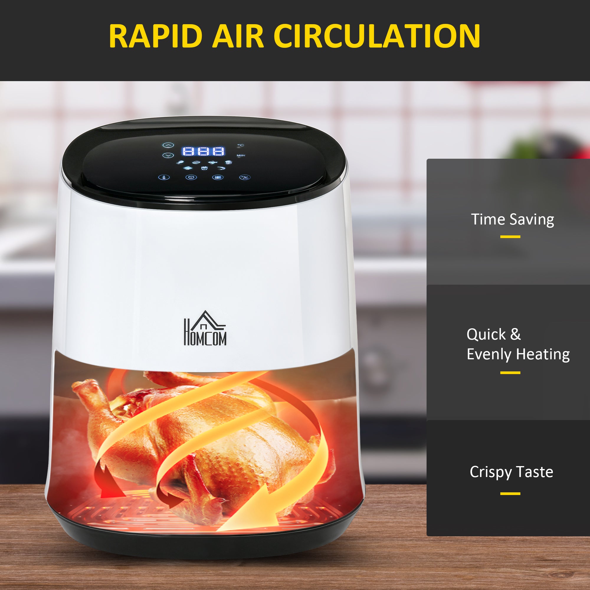 HOMCOM 2.5L Air Fryer, 1300W Air Fryer Oven with Digital  Touch Display, Rapid Air Circulation, Adjustable Temperature, Timer and Dishwasher Safe Basket for Oil Less or Low Fat Cooking, White 