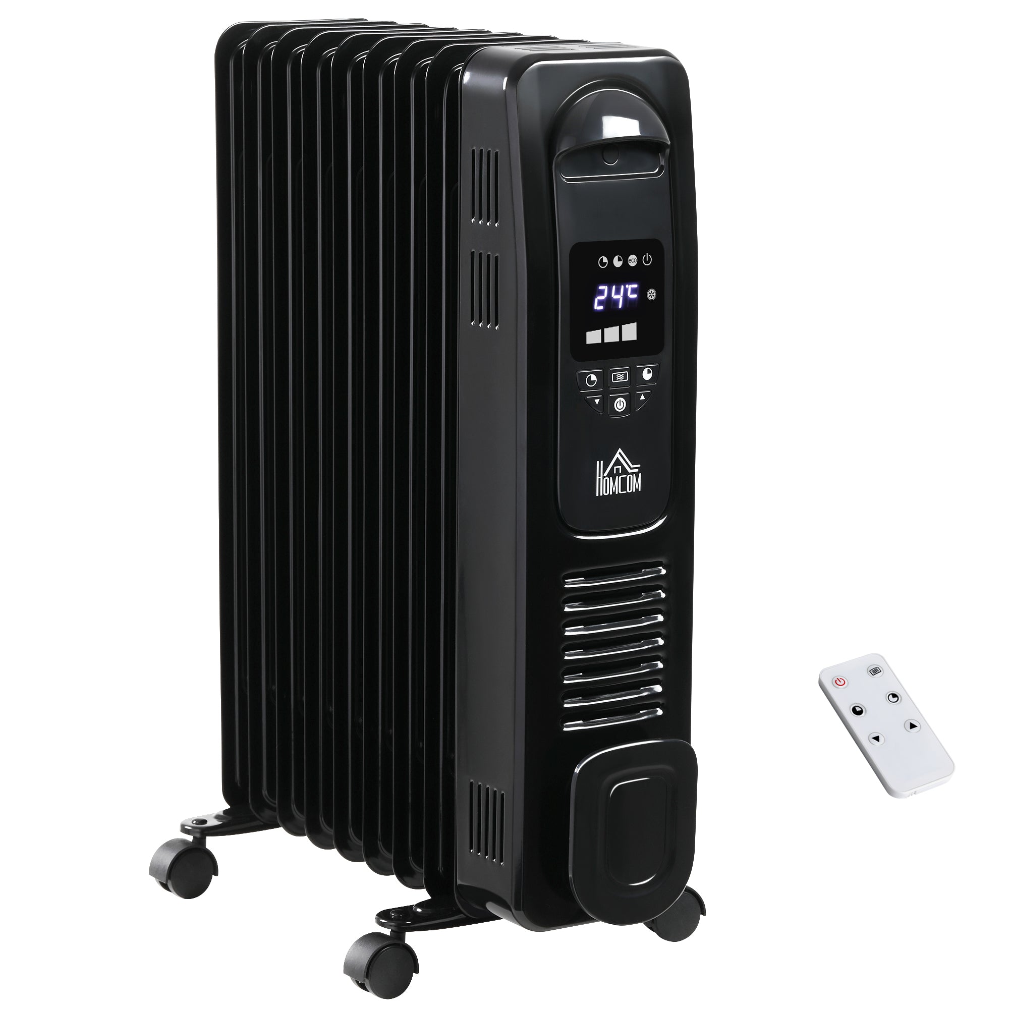 HOMCOM 2000W Digital Oil Filled Radiator, 9 Fin, Portable Electric Heater with LED Display, Timer, 3 Heat Settings, Safety Cut-Off and Remote Control, Black 