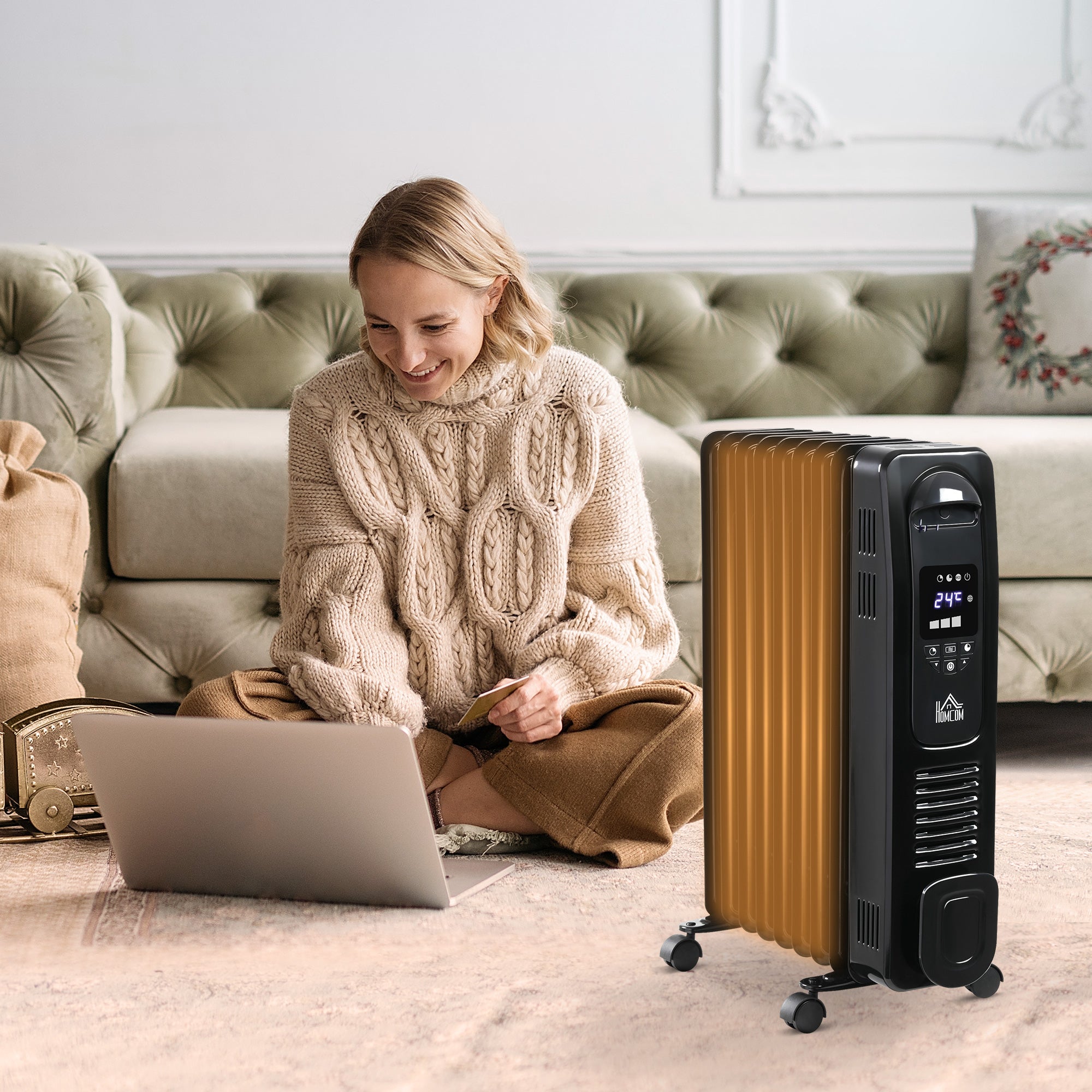 HOMCOM 2000W Digital Oil Filled Radiator, 9 Fin, Portable Electric Heater with LED Display, Timer, 3 Heat Settings, Safety Cut-Off and Remote Control, Black 