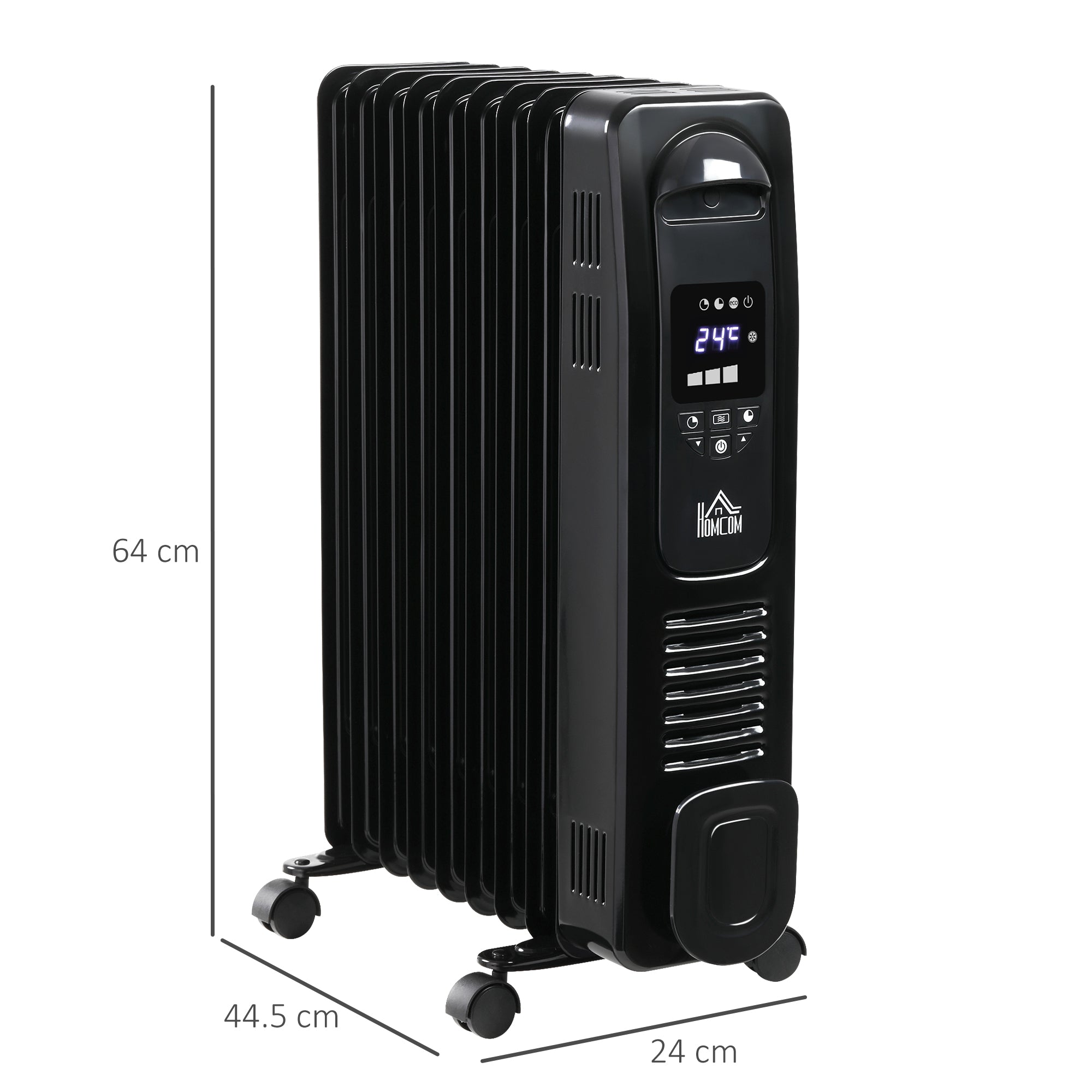 HOMCOM 2000W Digital Oil Filled Radiator, 9 Fin, Portable Electric Heater with LED Display, Timer, 3 Heat Settings, Safety Cut-Off and Remote Control, Black 