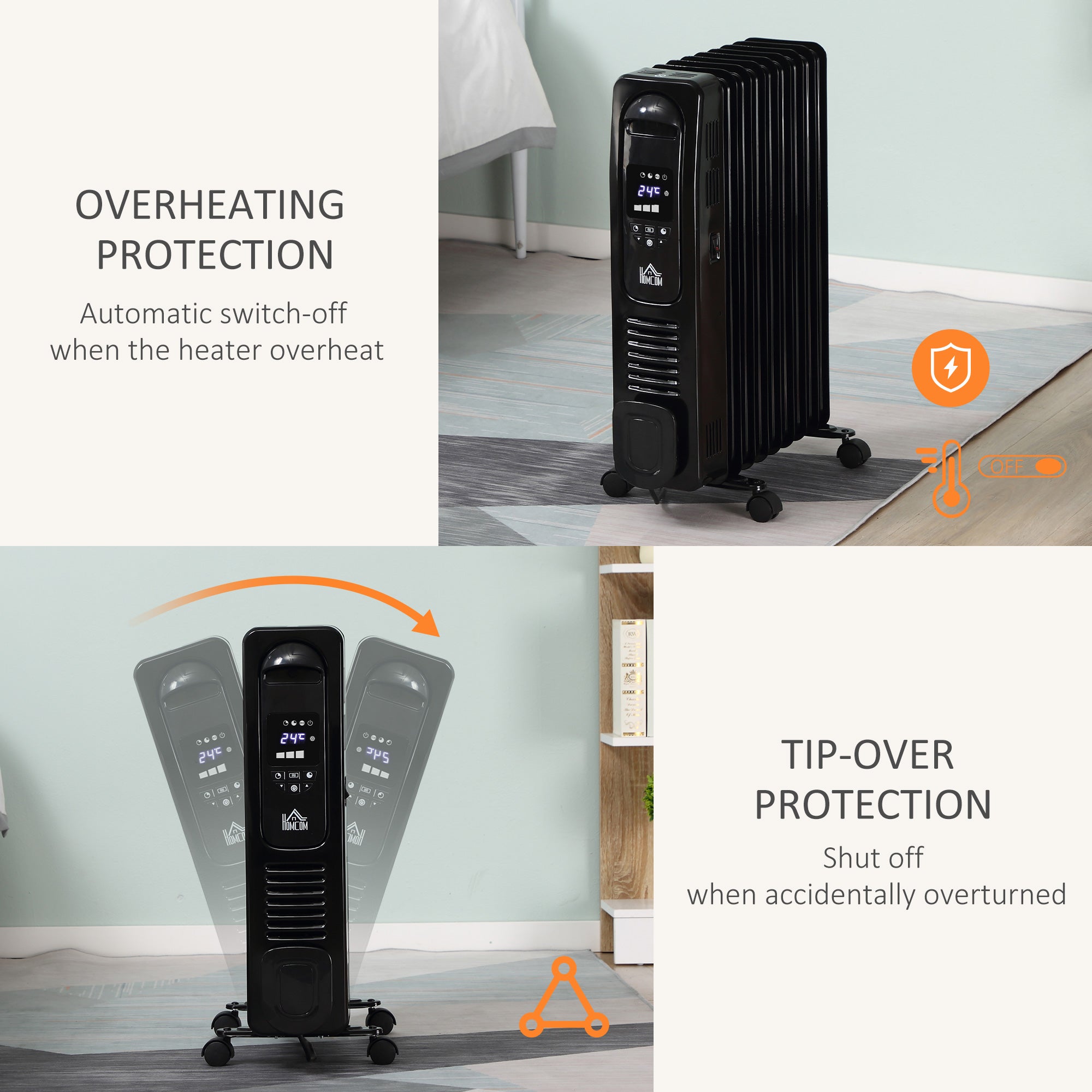 HOMCOM 2000W Digital Oil Filled Radiator, 9 Fin, Portable Electric Heater with LED Display, Timer, 3 Heat Settings, Safety Cut-Off and Remote Control, Black 
