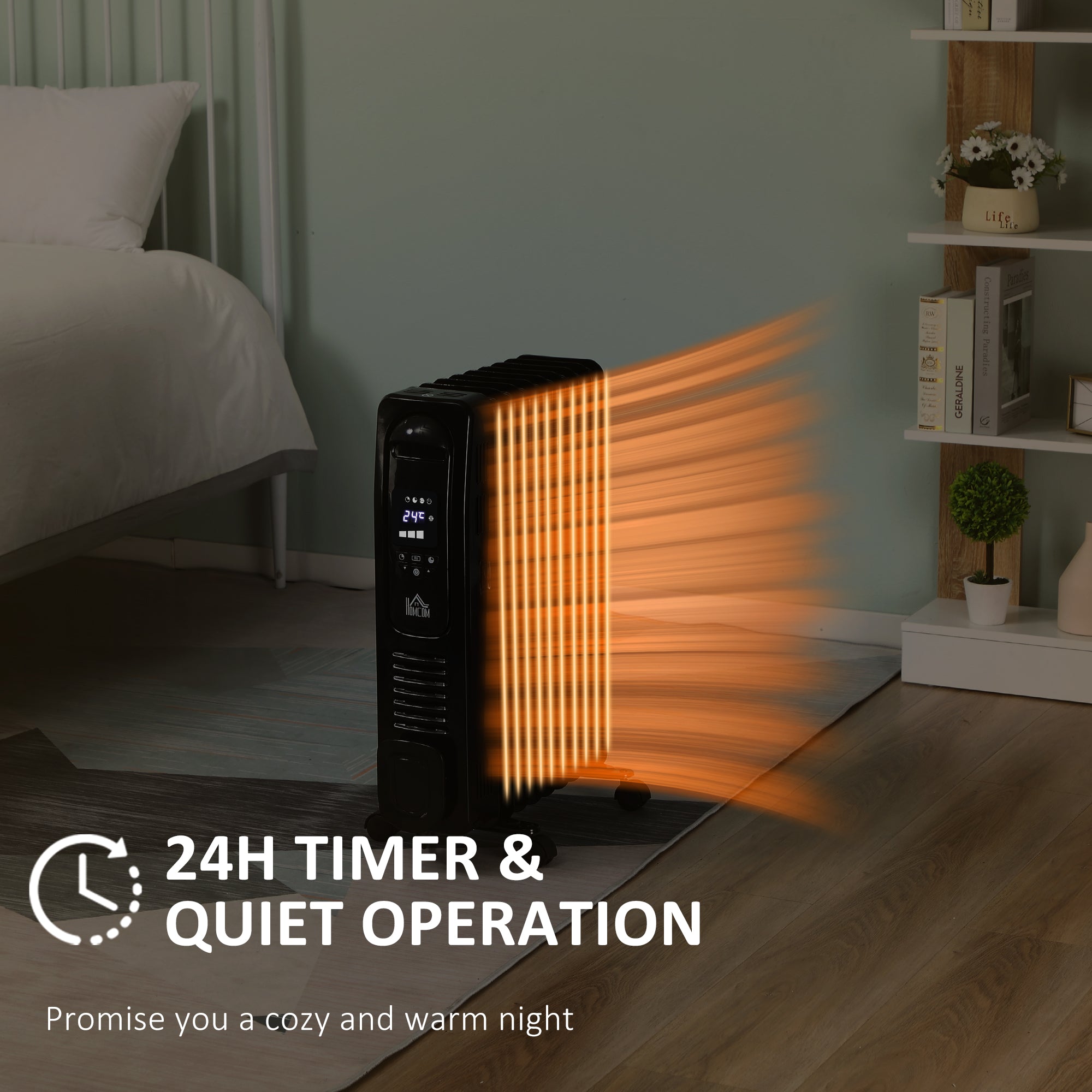 HOMCOM 2000W Digital Oil Filled Radiator, 9 Fin, Portable Electric Heater with LED Display, Timer, 3 Heat Settings, Safety Cut-Off and Remote Control, Black 