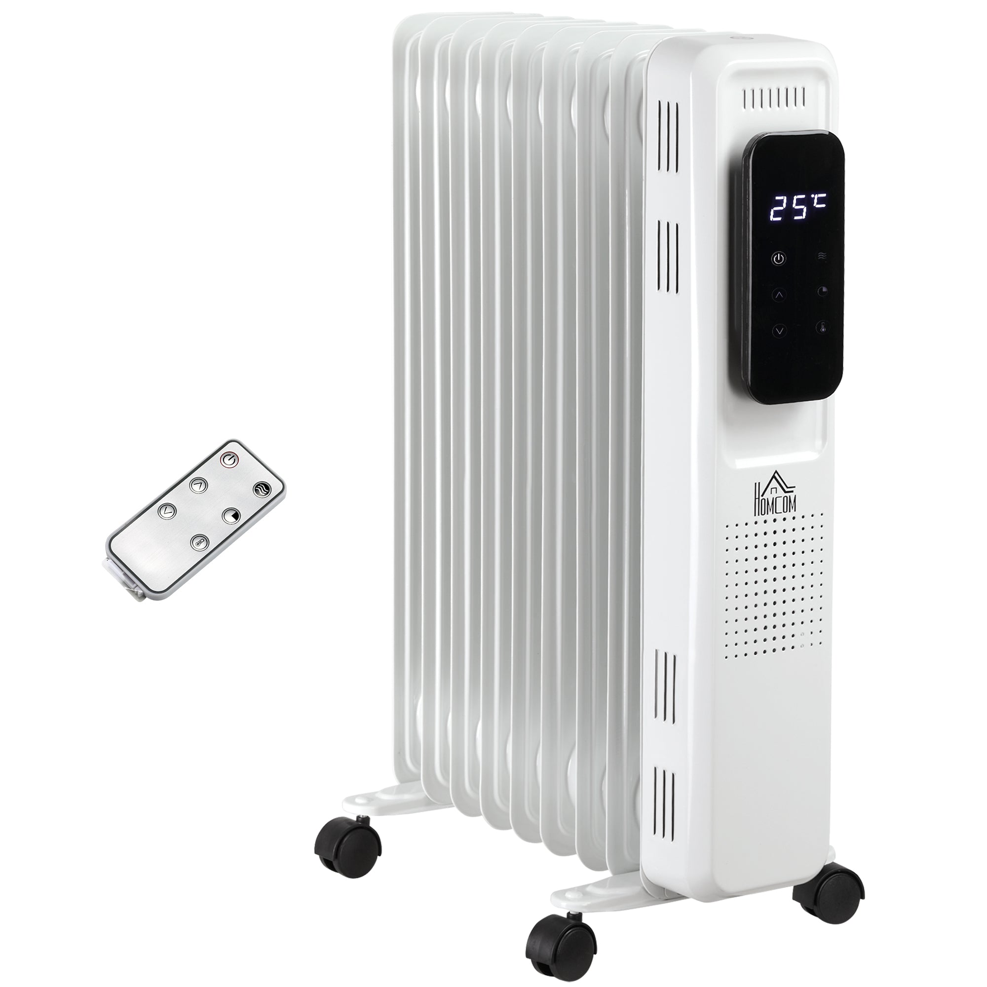 HOMCOM 2000W Oil Filled Radiator, 9 Fin Portable Electric Heater with LED Display, 24H Timer, 3 Heat Settings, Adjustable Thermostat, Safety Cut off, Remote Control, White 