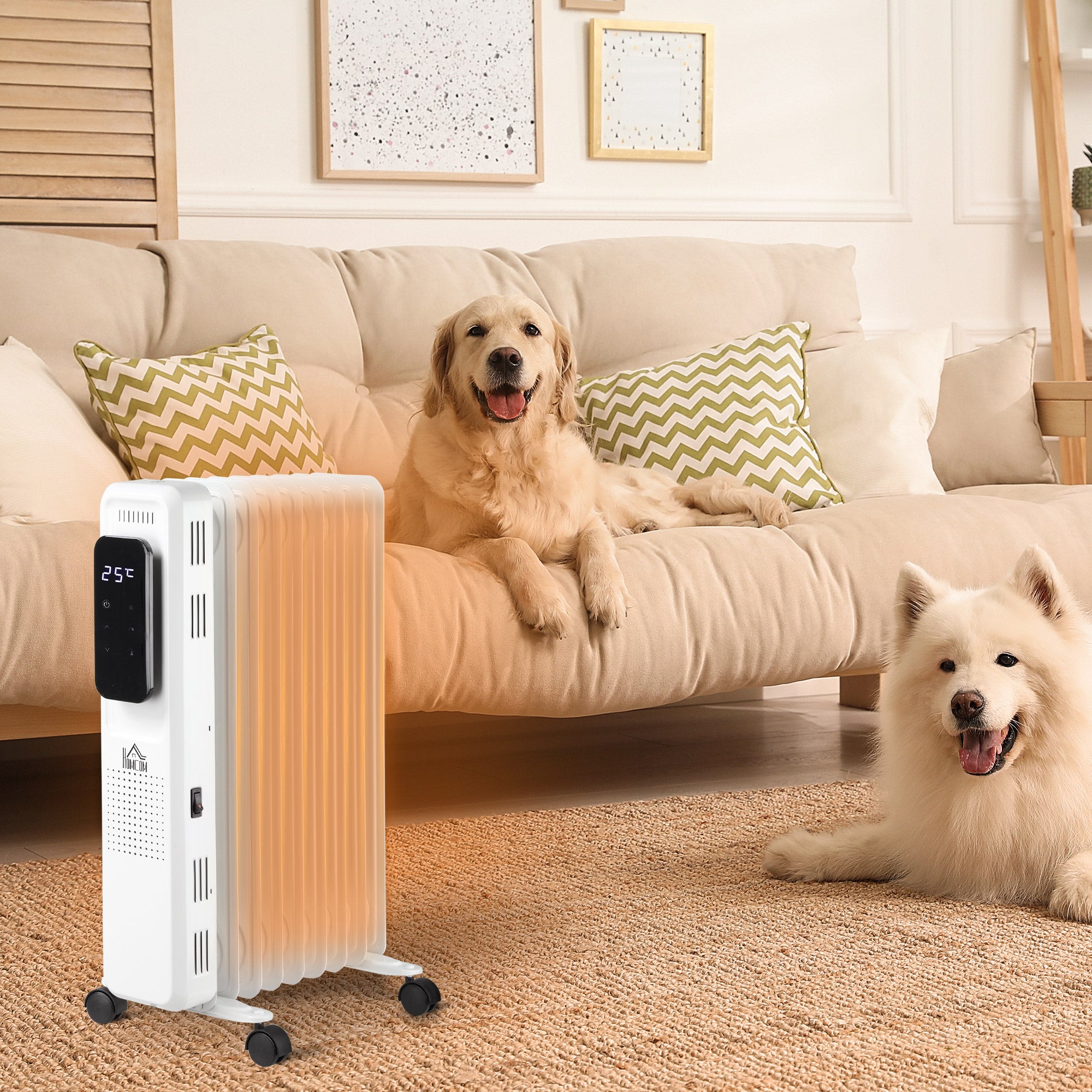 HOMCOM 2000W Oil Filled Radiator, 9 Fin Portable Electric Heater with LED Display, 24H Timer, 3 Heat Settings, Adjustable Thermostat, Safety Cut off, Remote Control, White 