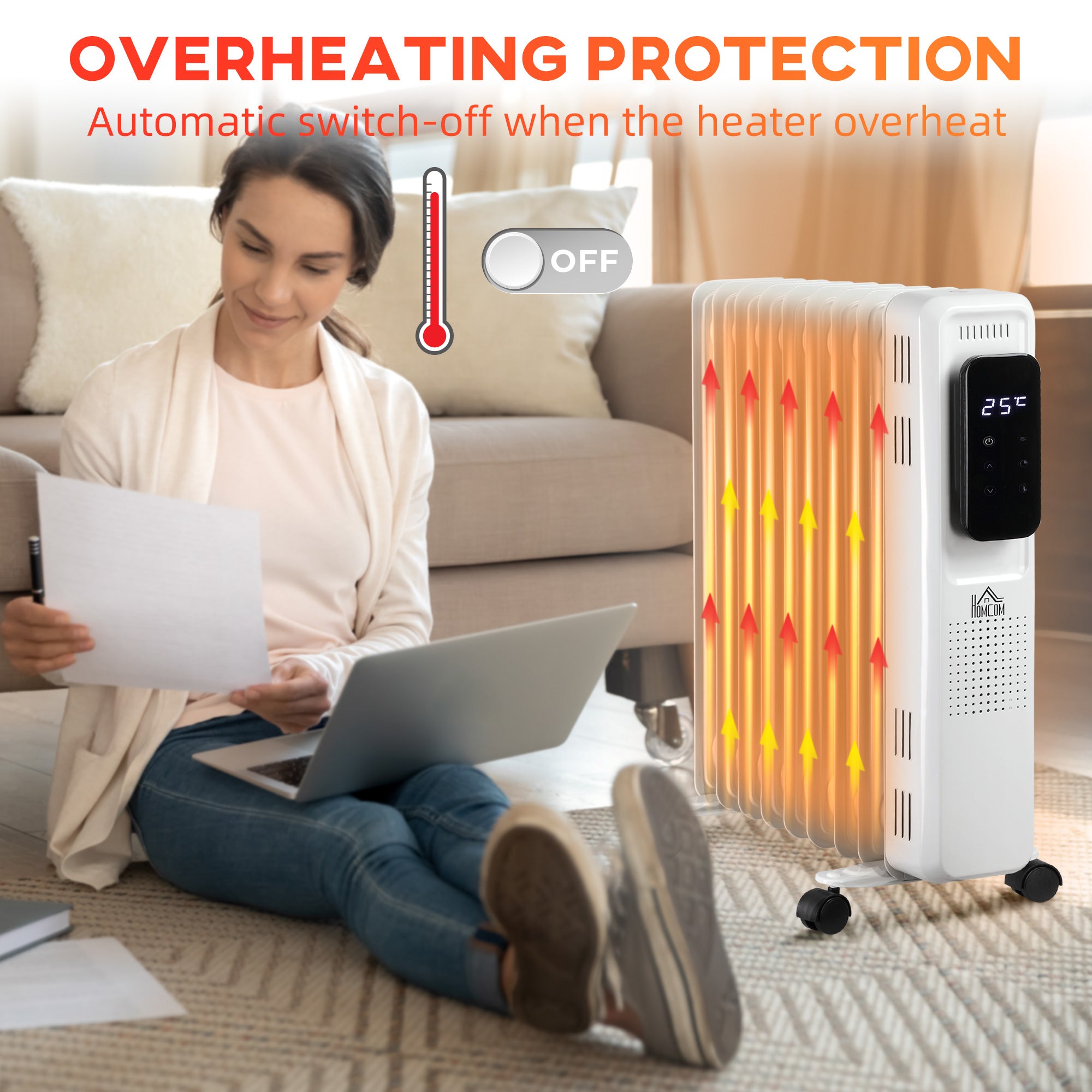 HOMCOM 2000W Oil Filled Radiator, 9 Fin Portable Electric Heater with LED Display, 24H Timer, 3 Heat Settings, Adjustable Thermostat, Safety Cut off, Remote Control, White 