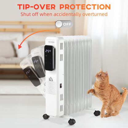 HOMCOM 2000W Oil Filled Radiator, 9 Fin Portable Electric Heater with LED Display, 24H Timer, 3 Heat Settings, Adjustable Thermostat, Safety Cut off, Remote Control, White 