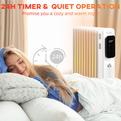 HOMCOM 2000W Oil Filled Radiator, 9 Fin Portable Electric Heater with LED Display, 24H Timer, 3 Heat Settings, Adjustable Thermostat, Safety Cut off, Remote Control, White 