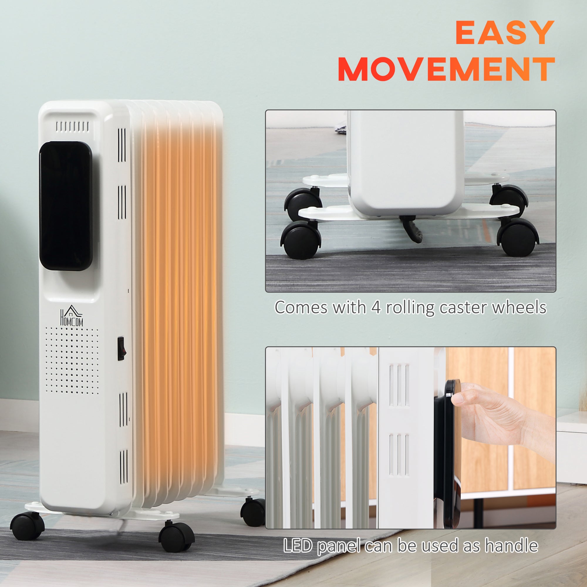 HOMCOM 2000W Oil Filled Radiator, 9 Fin Portable Electric Heater with LED Display, 24H Timer, 3 Heat Settings, Adjustable Thermostat, Safety Cut off, Remote Control, White 