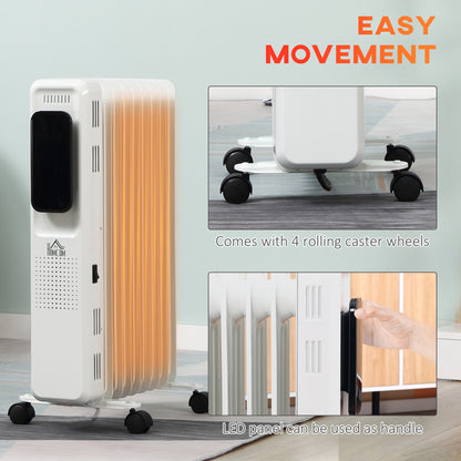HOMCOM 2000W Oil Filled Radiator, 9 Fin Portable Electric Heater with LED Display, 24H Timer, 3 Heat Settings, Adjustable Thermostat, Safety Cut off, Remote Control, White 