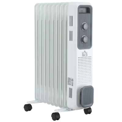 HOMCOM 2000W Oil Filled Radiator, 9 Fin, Portable Electric Heater with 3 Heat Settings, Safety Cut-Off and Wheels, White 
