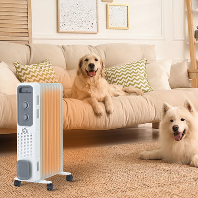 HOMCOM 2000W Oil Filled Radiator, 9 Fin, Portable Electric Heater with 3 Heat Settings, Safety Cut-Off and Wheels, White 