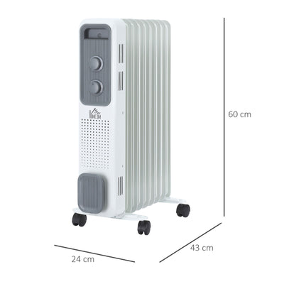 HOMCOM 2000W Oil Filled Radiator, 9 Fin, Portable Electric Heater with 3 Heat Settings, Safety Cut-Off and Wheels, White 