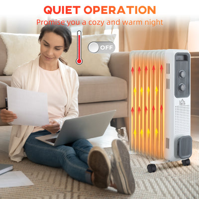 HOMCOM 2000W Oil Filled Radiator, 9 Fin, Portable Electric Heater with 3 Heat Settings, Safety Cut-Off and Wheels, White 