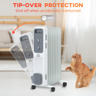 HOMCOM 2000W Oil Filled Radiator, 9 Fin, Portable Electric Heater with 3 Heat Settings, Safety Cut-Off and Wheels, White 