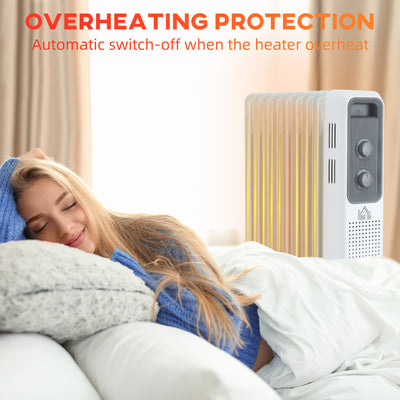 HOMCOM 2000W Oil Filled Radiator, 9 Fin, Portable Electric Heater with 3 Heat Settings, Safety Cut-Off and Wheels, White 