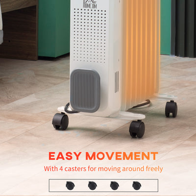 HOMCOM 2000W Oil Filled Radiator, 9 Fin, Portable Electric Heater with 3 Heat Settings, Safety Cut-Off and Wheels, White 