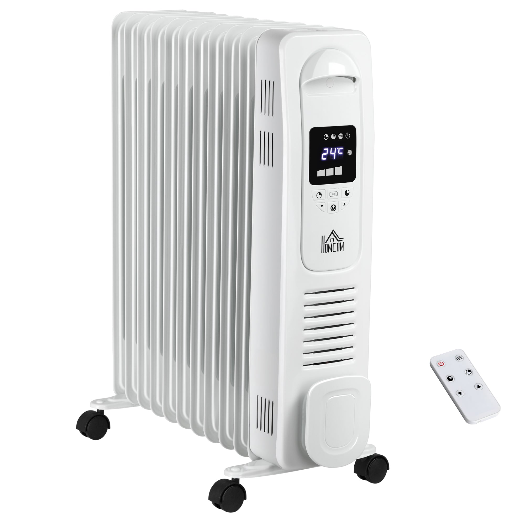 HOMCOM 2500W Digital Display Oil Filled Radiator, 11 Fin Portable Electric Heater with Timer, Adjustable Thermostat, Three Heat Settings, Safety Cut Off, Remote, White 