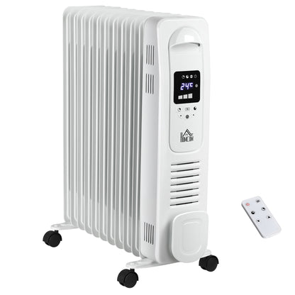 HOMCOM 2500W Digital Display Oil Filled Radiator, 11 Fin Portable Electric Heater with Timer, Adjustable Thermostat, Three Heat Settings, Safety Cut Off, Remote, White 