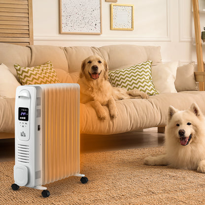 HOMCOM 2500W Digital Display Oil Filled Radiator, 11 Fin Portable Electric Heater with Timer, Adjustable Thermostat, Three Heat Settings, Safety Cut Off, Remote, White 