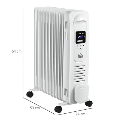 HOMCOM 2500W Digital Display Oil Filled Radiator, 11 Fin Portable Electric Heater with Timer, Adjustable Thermostat, Three Heat Settings, Safety Cut Off, Remote, White 