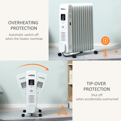 HOMCOM 2500W Digital Display Oil Filled Radiator, 11 Fin Portable Electric Heater with Timer, Adjustable Thermostat, Three Heat Settings, Safety Cut Off, Remote, White 