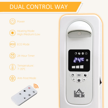HOMCOM 2500W Digital Display Oil Filled Radiator, 11 Fin Portable Electric Heater with Timer, Adjustable Thermostat, Three Heat Settings, Safety Cut Off, Remote, White 