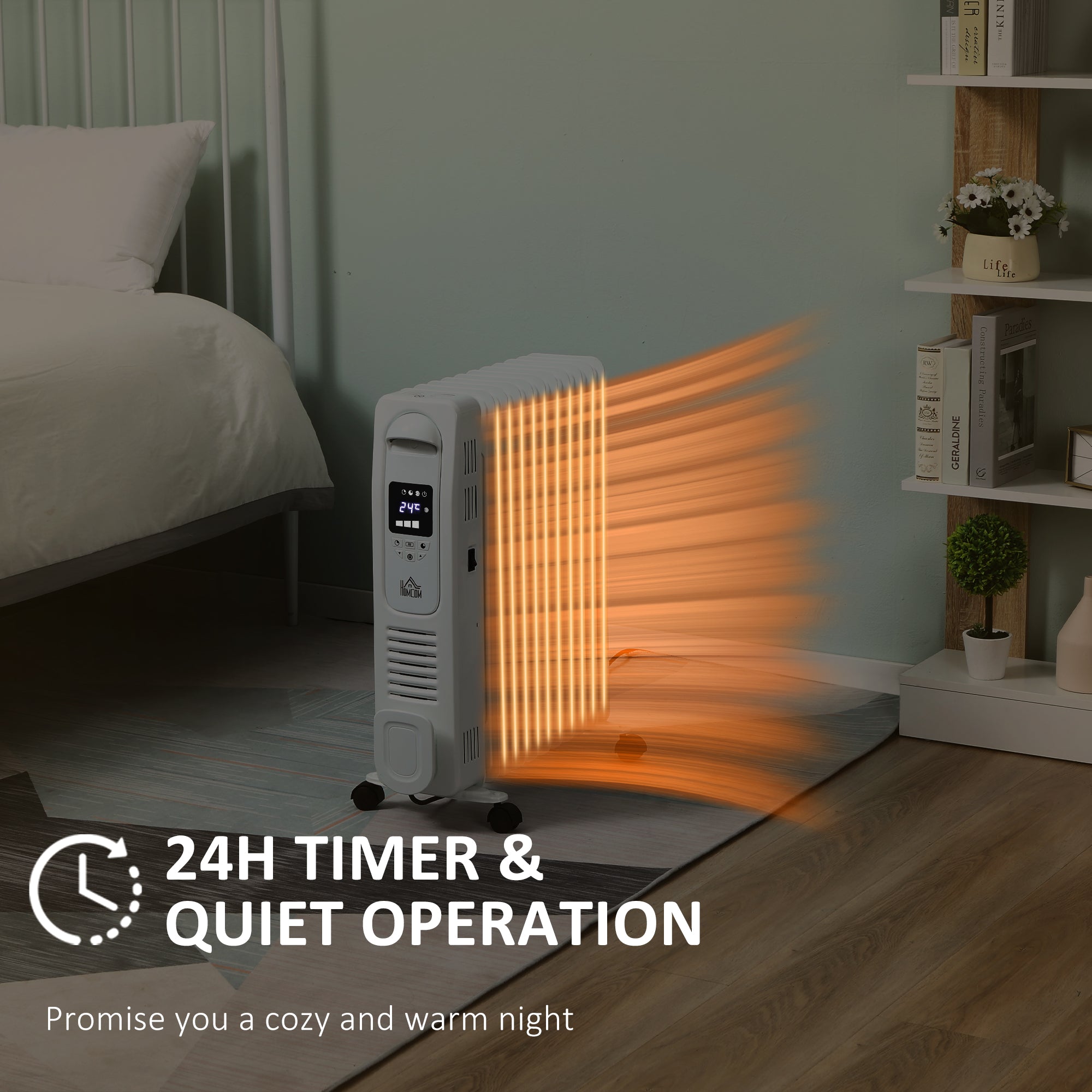HOMCOM 2500W Digital Display Oil Filled Radiator, 11 Fin Portable Electric Heater with Timer, Adjustable Thermostat, Three Heat Settings, Safety Cut Off, Remote, White 