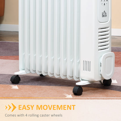 HOMCOM 2500W Digital Display Oil Filled Radiator, 11 Fin Portable Electric Heater with Timer, Adjustable Thermostat, Three Heat Settings, Safety Cut Off, Remote, White 