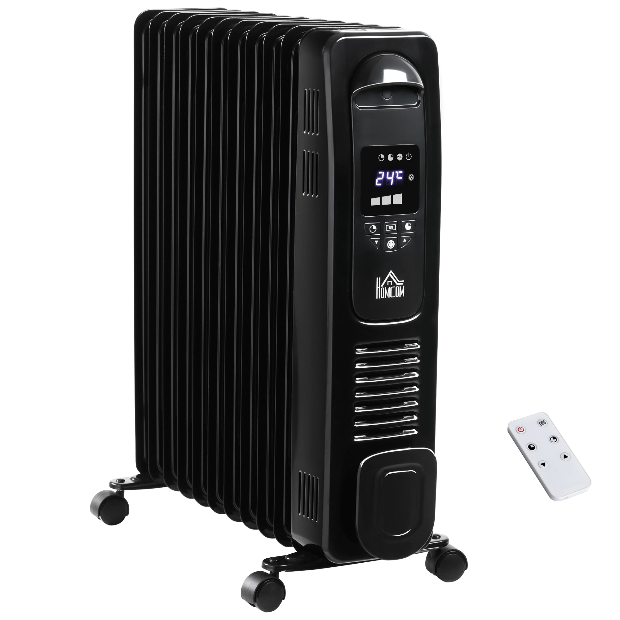 HOMCOM 2500W Digital Display Oil Filled Radiator, 11 Fin Portable Electric Heater with Timer, Adjustable Thermostat, Three Heat settings, Safety Cut Off, Remote, Black 