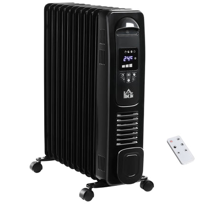 HOMCOM 2500W Digital Display Oil Filled Radiator, 11 Fin Portable Electric Heater with Timer, Adjustable Thermostat, Three Heat settings, Safety Cut Off, Remote, Black 