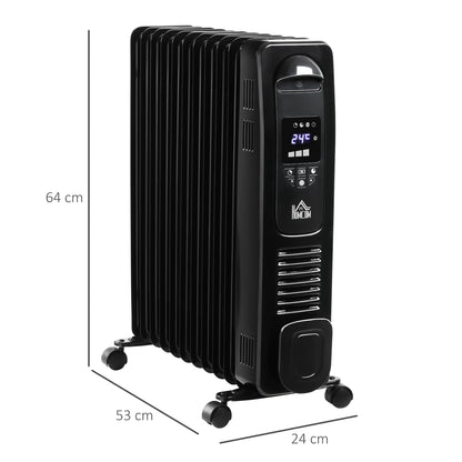 HOMCOM 2500W Digital Display Oil Filled Radiator, 11 Fin Portable Electric Heater with Timer, Adjustable Thermostat, Three Heat settings, Safety Cut Off, Remote, Black 