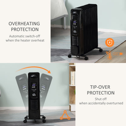 HOMCOM 2500W Digital Display Oil Filled Radiator, 11 Fin Portable Electric Heater with Timer, Adjustable Thermostat, Three Heat settings, Safety Cut Off, Remote, Black 